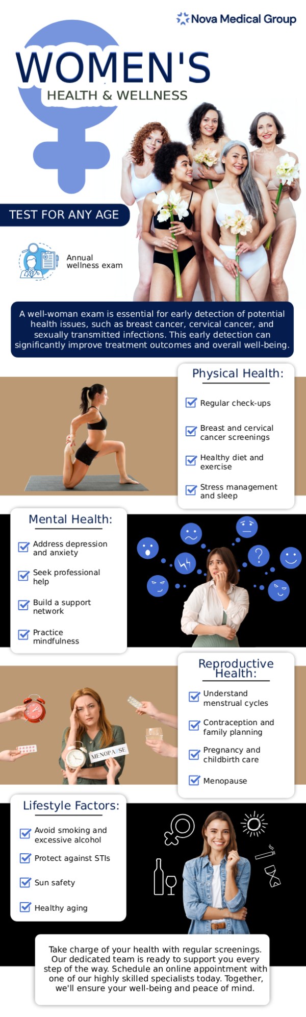 Women’s health involves a wide range of factors that contribute to overall well-being. Key aspects include regular screenings, such as mammograms and Pap smears, maintaining a balanced diet, staying physically active, managing stress, and focusing on reproductive health. At Nova Medical Group, Dr. Akash Patel, MD, emphasizes the importance of preventive care, mental health, and hormone balance as part of a comprehensive approach to women’s health. For more information, please contact us today or book an appointment online. We are located at 401 N Bedford St, East Bridgewater, MA 02333.
